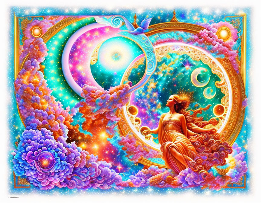 Colorful digital artwork of woman surrounded by cosmic and floral elements