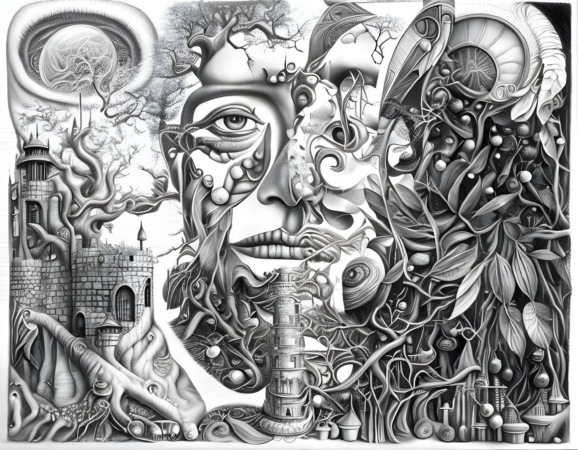 Monochromatic Surrealist Artwork with Nature, Faces, Machinery, and Architecture