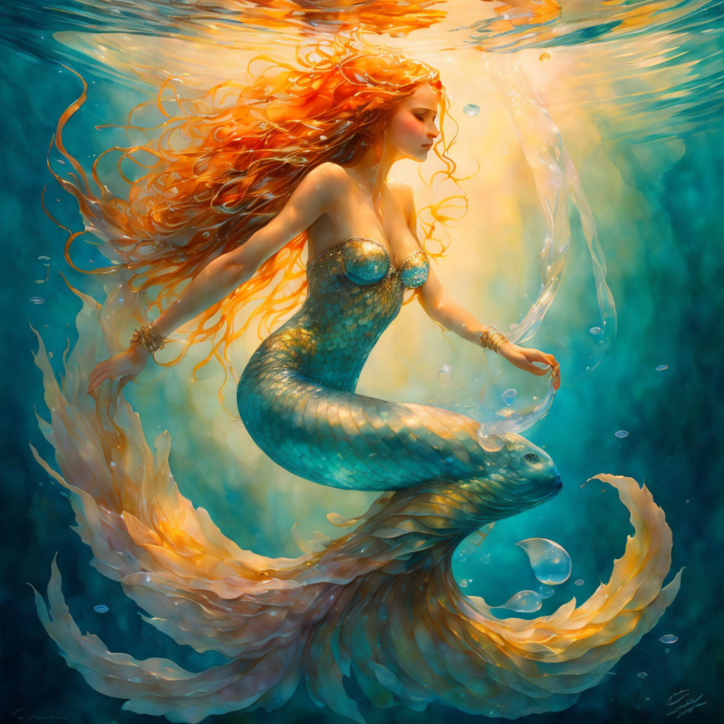 Red-haired mermaid with turquoise tail swimming underwater amidst bubbles and glowing hair.