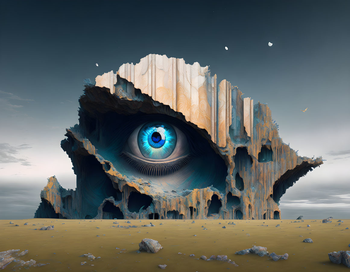 Surreal landscape with eye-shaped cave at twilight