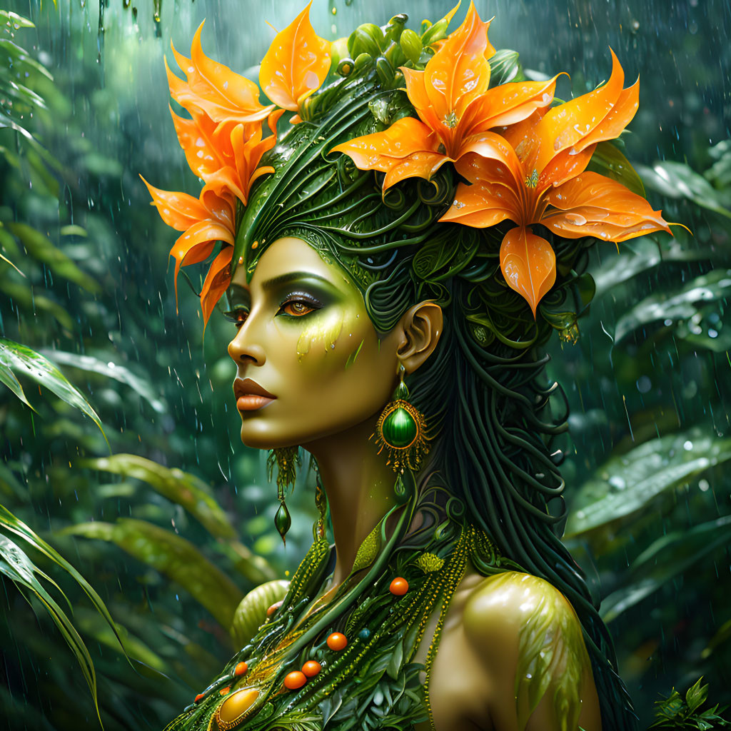 Fantasy portrait of a woman with green skin and orange flowers, set in a rainy lush environment