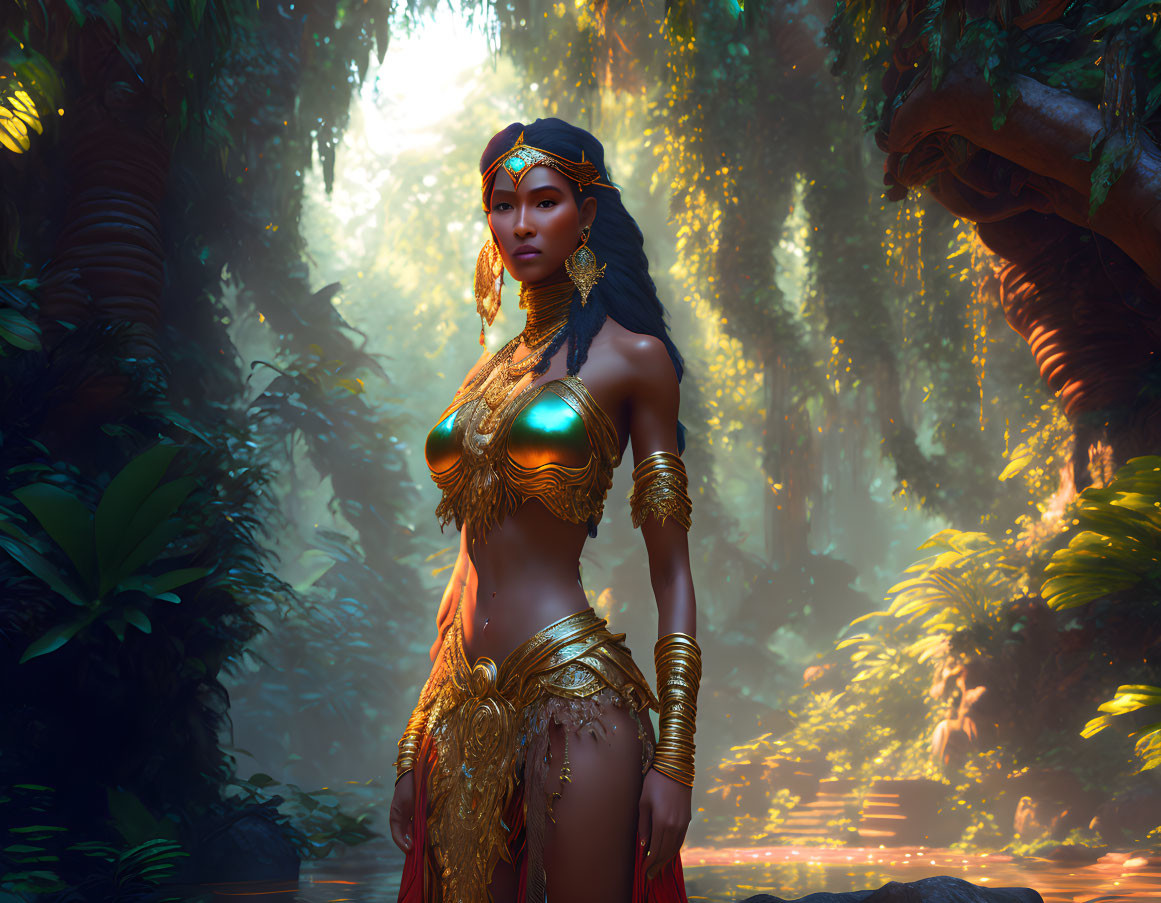 Golden-armored woman in lush jungle setting with water body