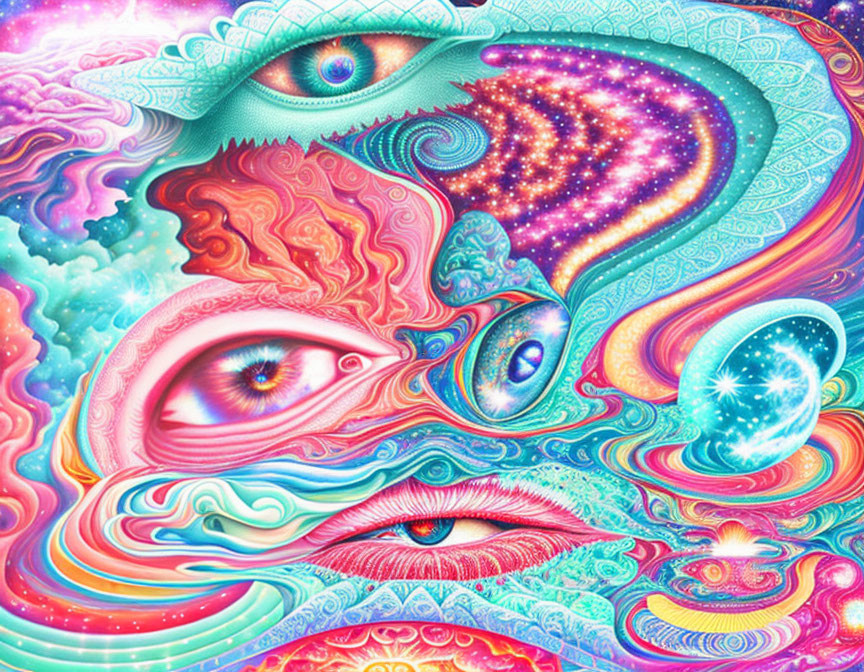 Vibrant psychedelic digital artwork with swirling patterns and stylized eyes