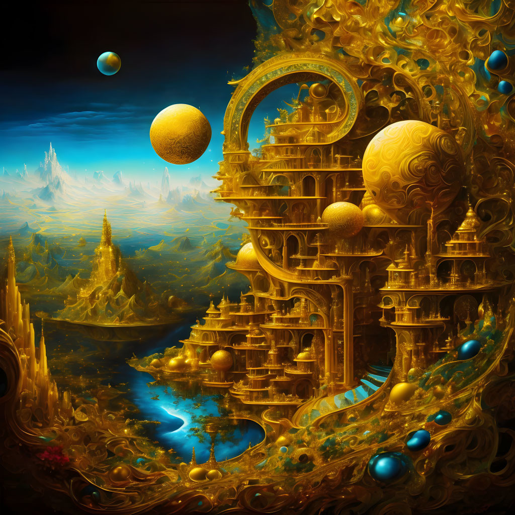 Golden cityscape with ornate towers, floating blue orbs, mountains, and planets