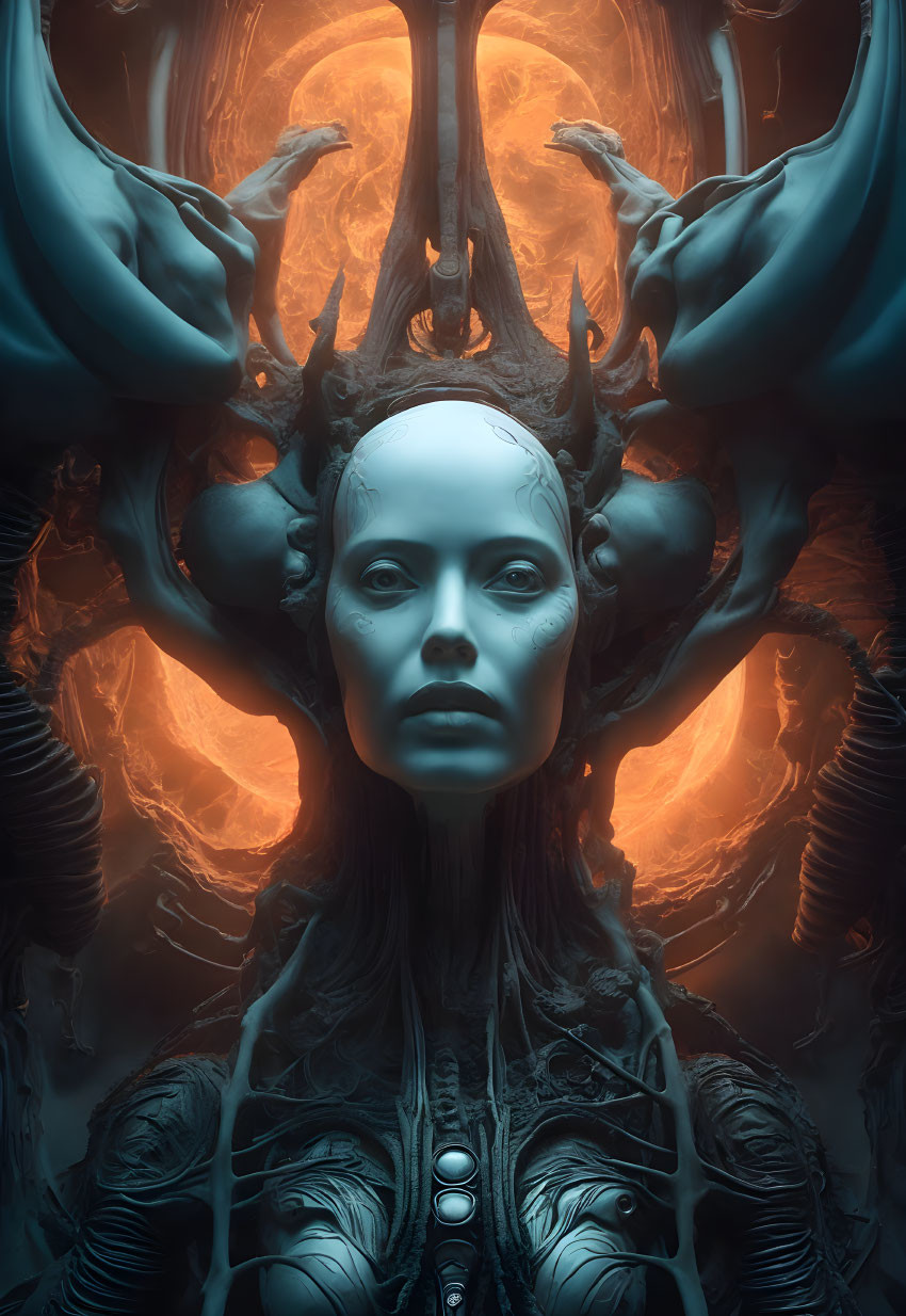 Surreal humanoid figure with horned headdress in eerie, glowing setting