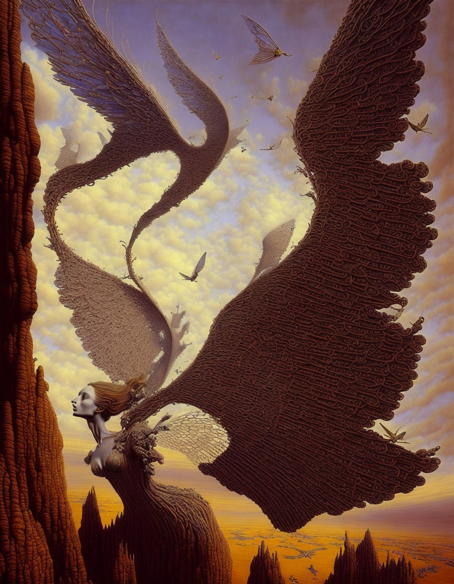 Surreal landscape with winged trees and woman in golden sky