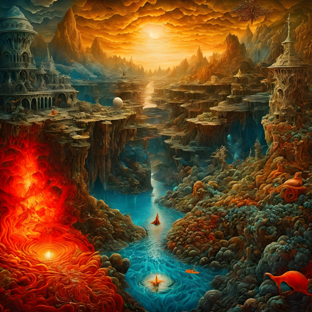 Fantastical landscape with fiery chasms, rivers, structures, mountains, sunset sky