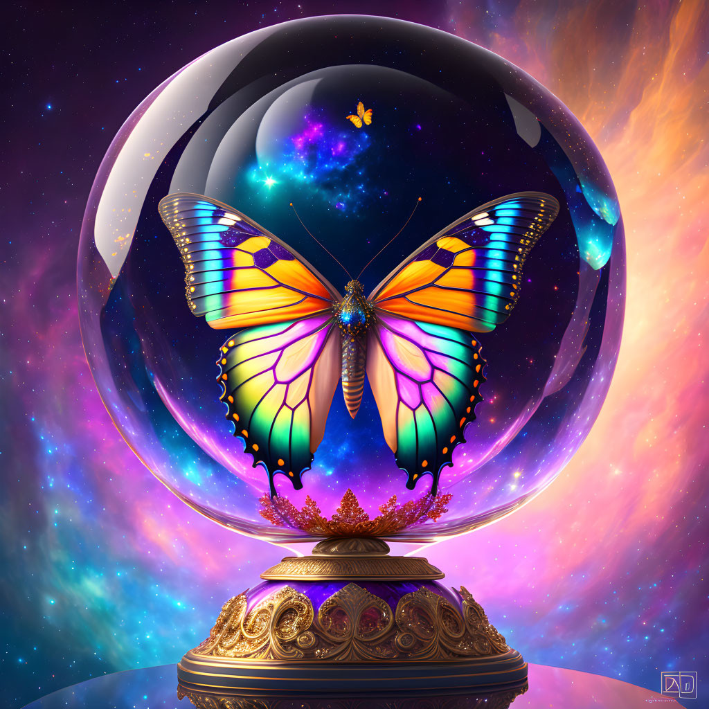 Colorful Butterfly with Cosmic Wings in Transparent Orb Against Starry Space Backdrop