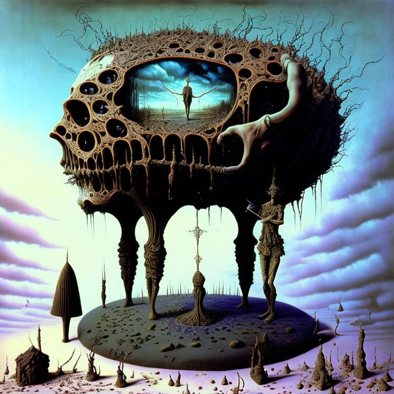 Surreal painting: skull-shaped structure, figure on screen, distorted humanoid shapes