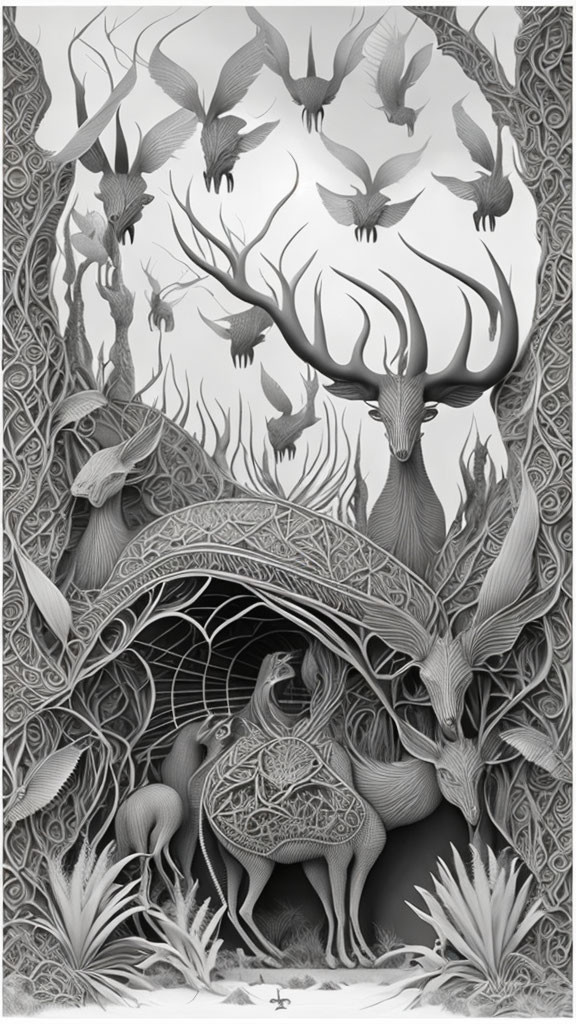 Monochromatic artwork with deer, birds, and geometric designs