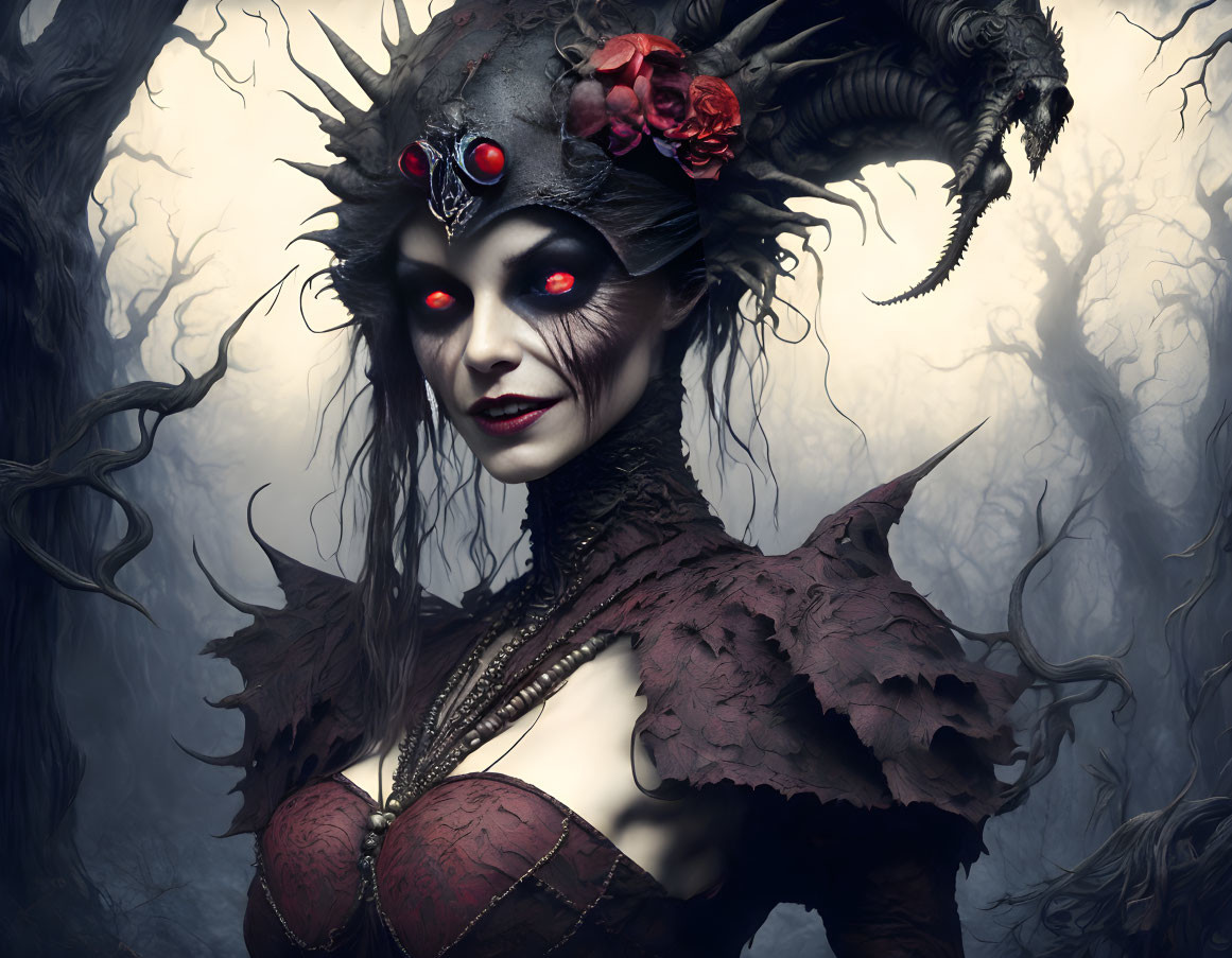 Red-eyed woman with dark crown and horns in misty forest pose