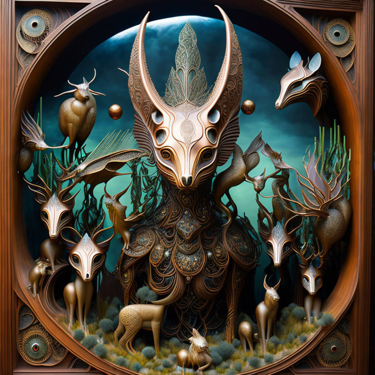 Ornate animal masks blend with forest elements in oval frame