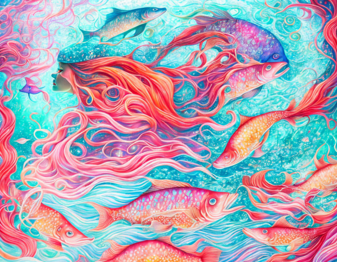 Vibrant surreal fish swimming in colorful sea landscape