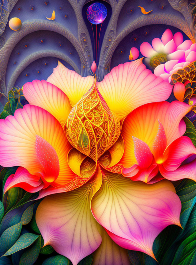 Colorful digital artwork: intricate flower with fantasy flora under starry sky