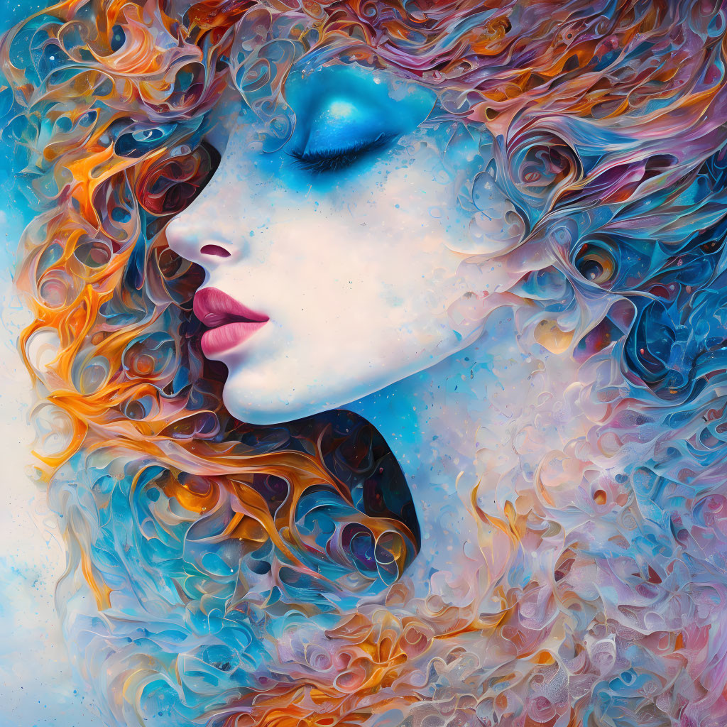 Vibrant digital art: Woman with flowing hair in orange, blue, and white, celestial theme