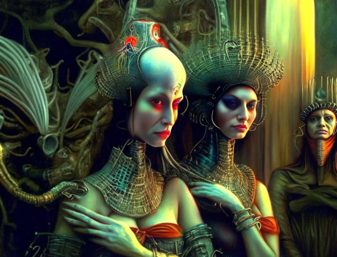 Fantasy setting with individuals in elaborate headgear and stylized makeup