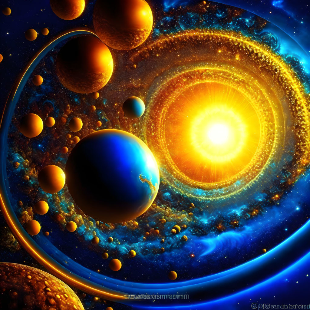 Colorful digital artwork of cosmic scene with planets, star, and galactic patterns