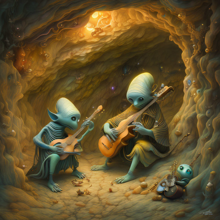 Alien creatures playing musical instruments in amber-hued cave