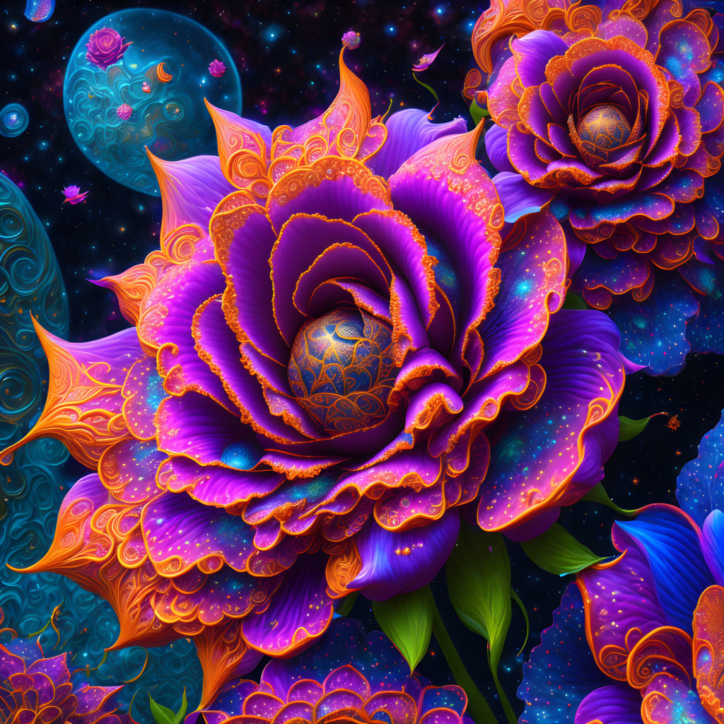 Colorful cosmic flowers bloom in intricate patterns against a starry space background