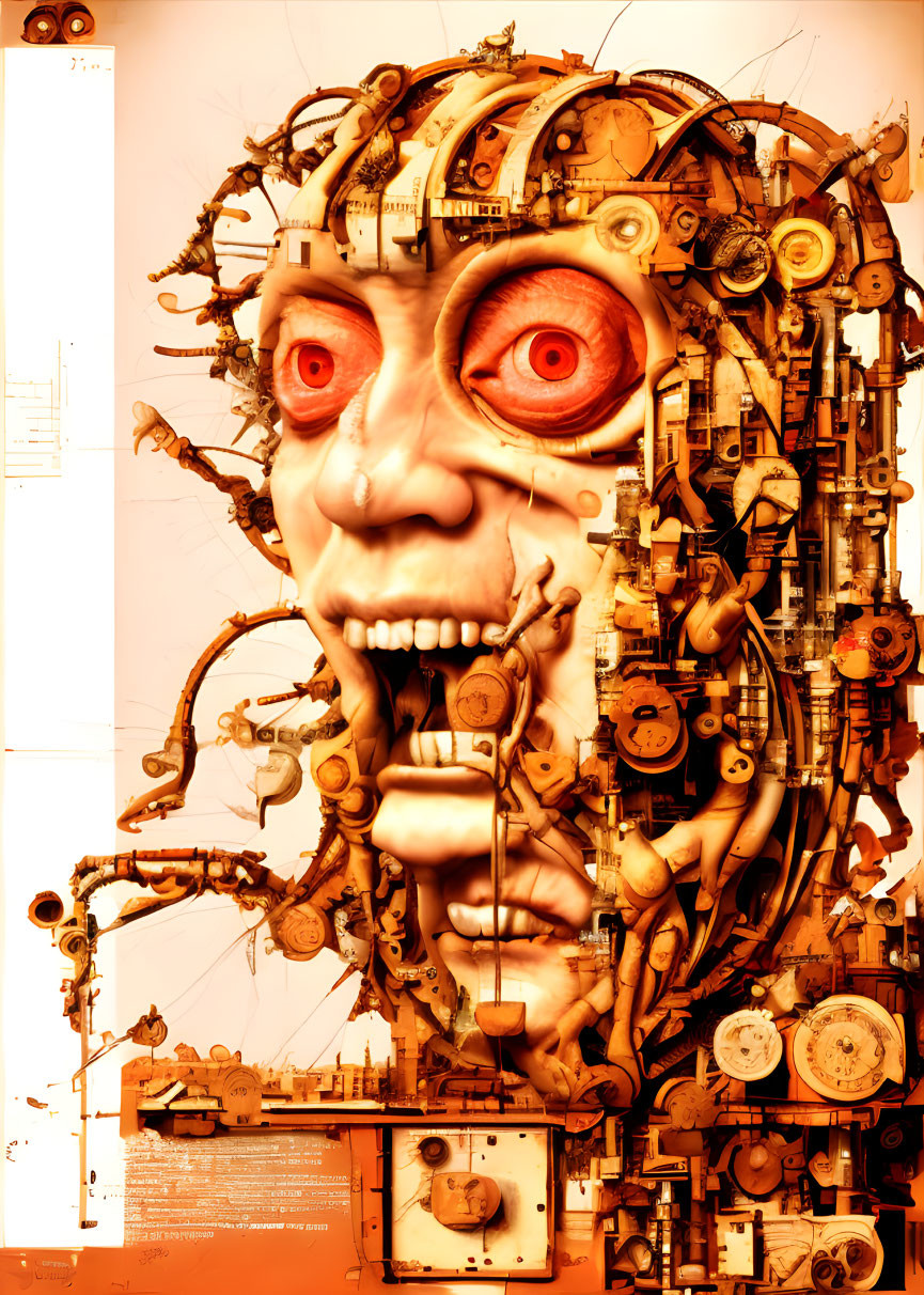 Intricate Mechanical Artwork of Humanoid Face with Red Eyes