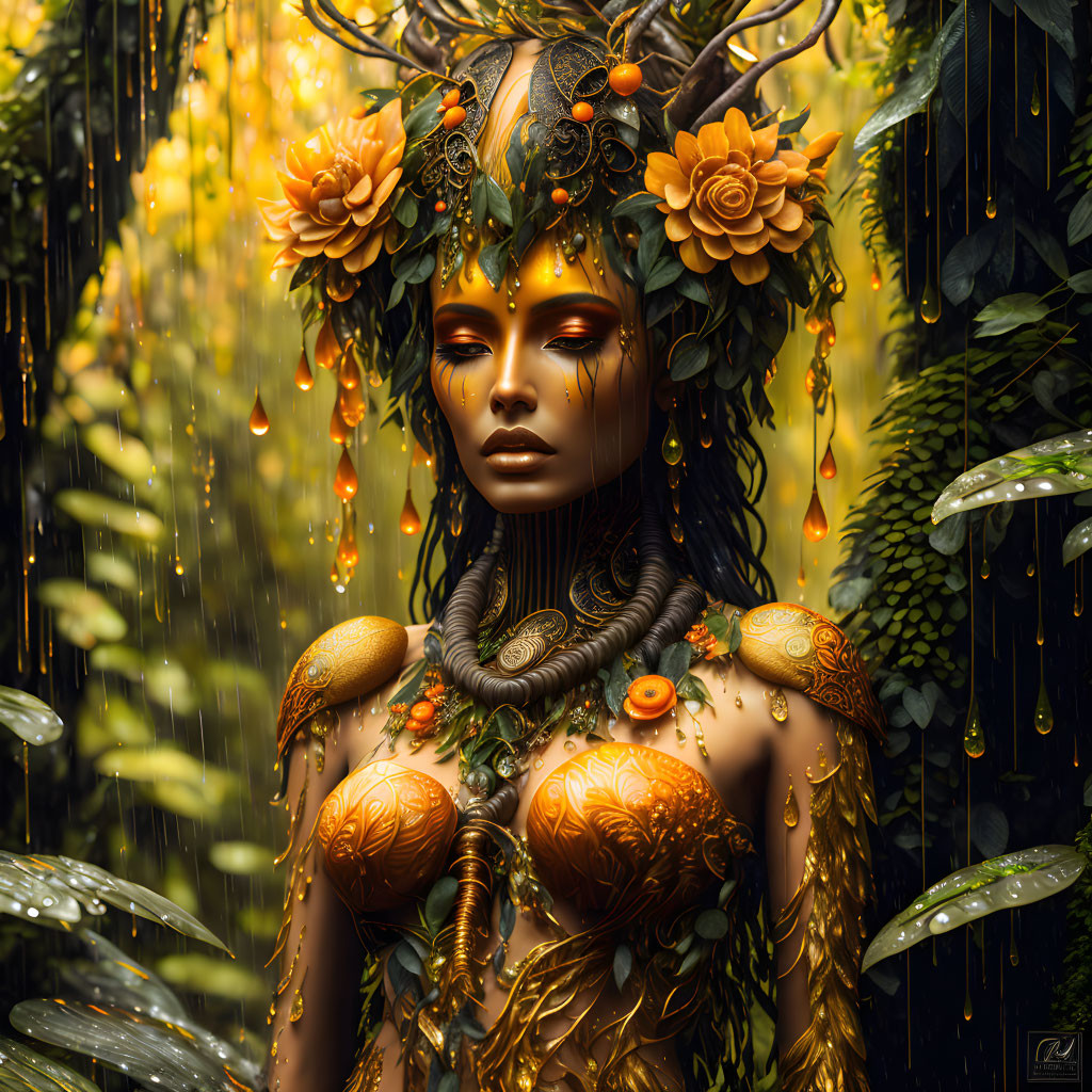 Mystical figure with plant features and golden-orange eyes in verdant setting