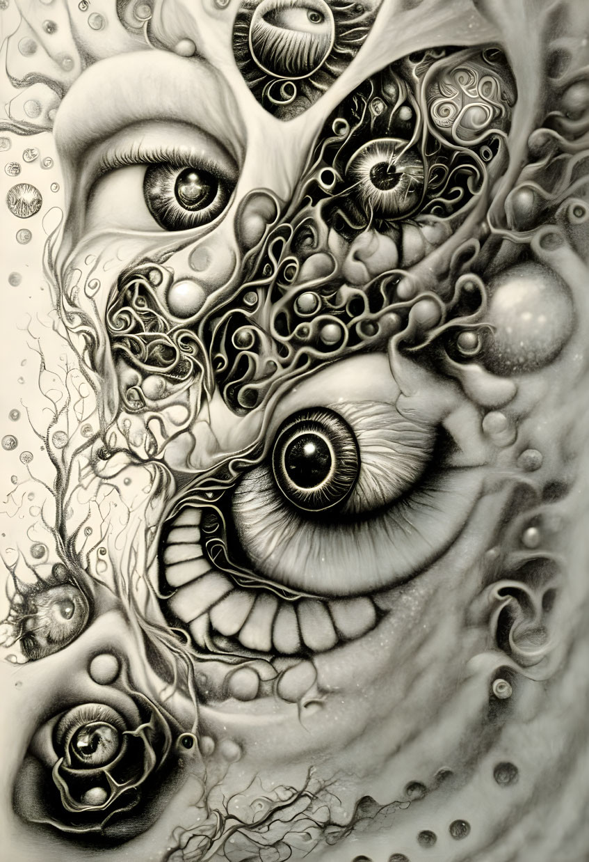 Monochrome surreal artwork: eyes, organic patterns, bubbles