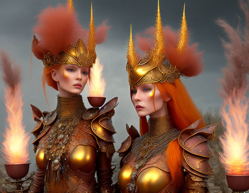 Two women in golden armor with fiery plumes and regal crowns under stormy sky