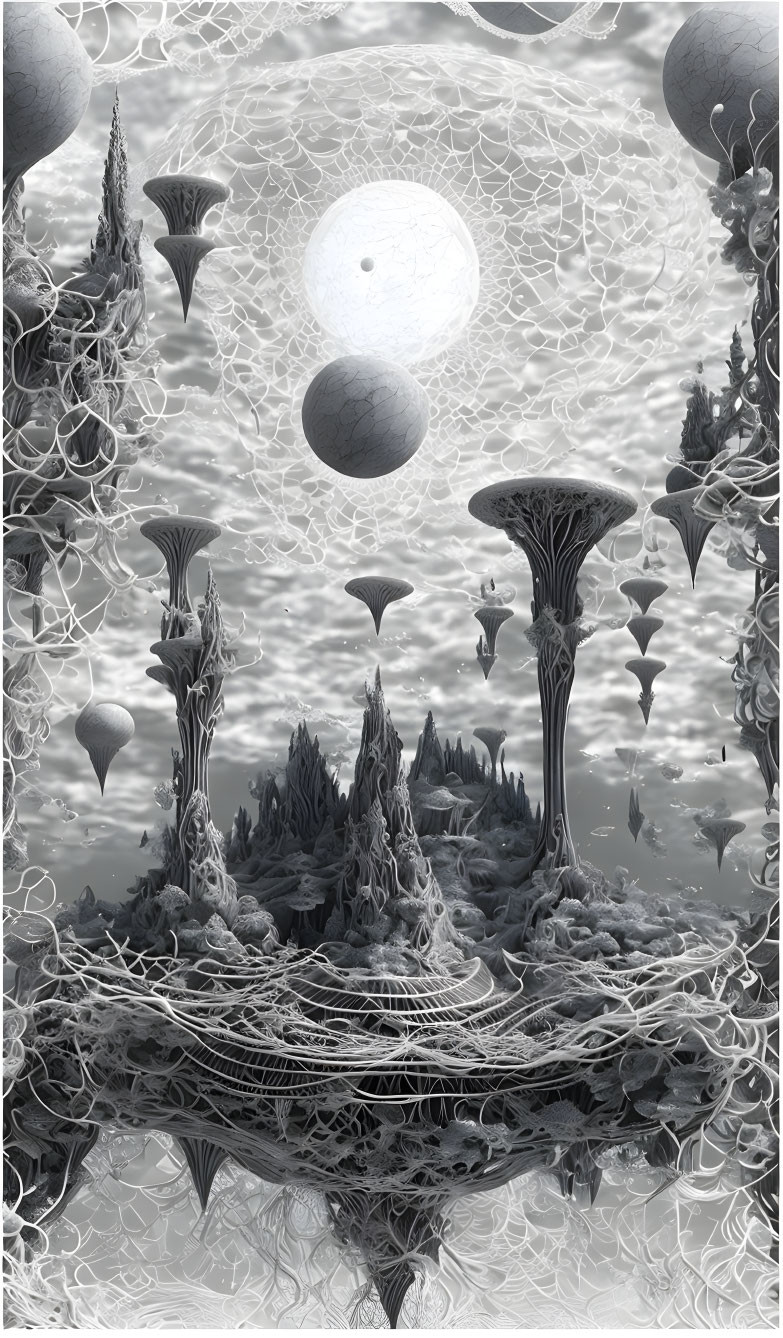 Intricate Monochrome Fractal Landscape with Towers and Spheres