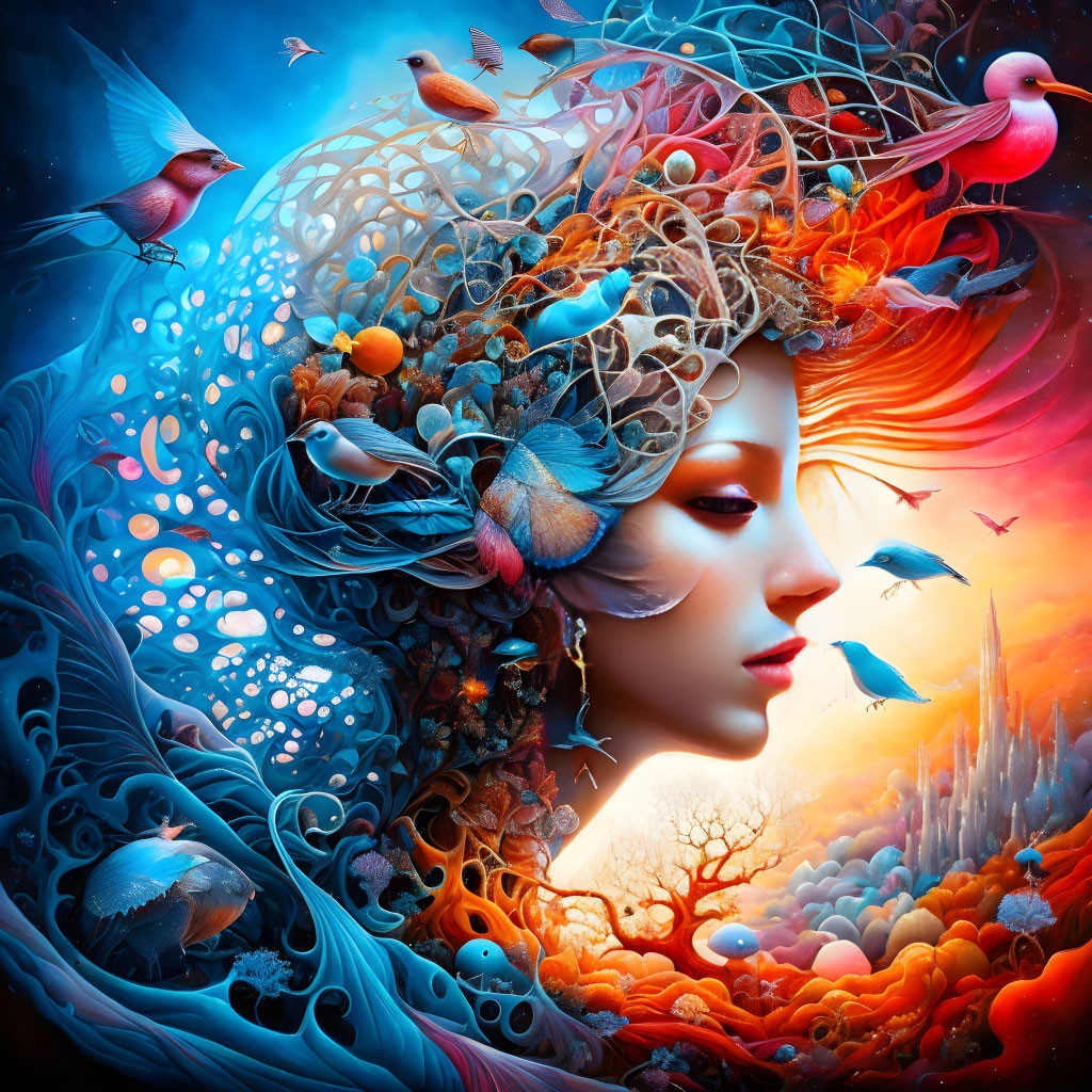 Surreal portrait of woman with birds and aquatic elements in vibrant sunset backdrop