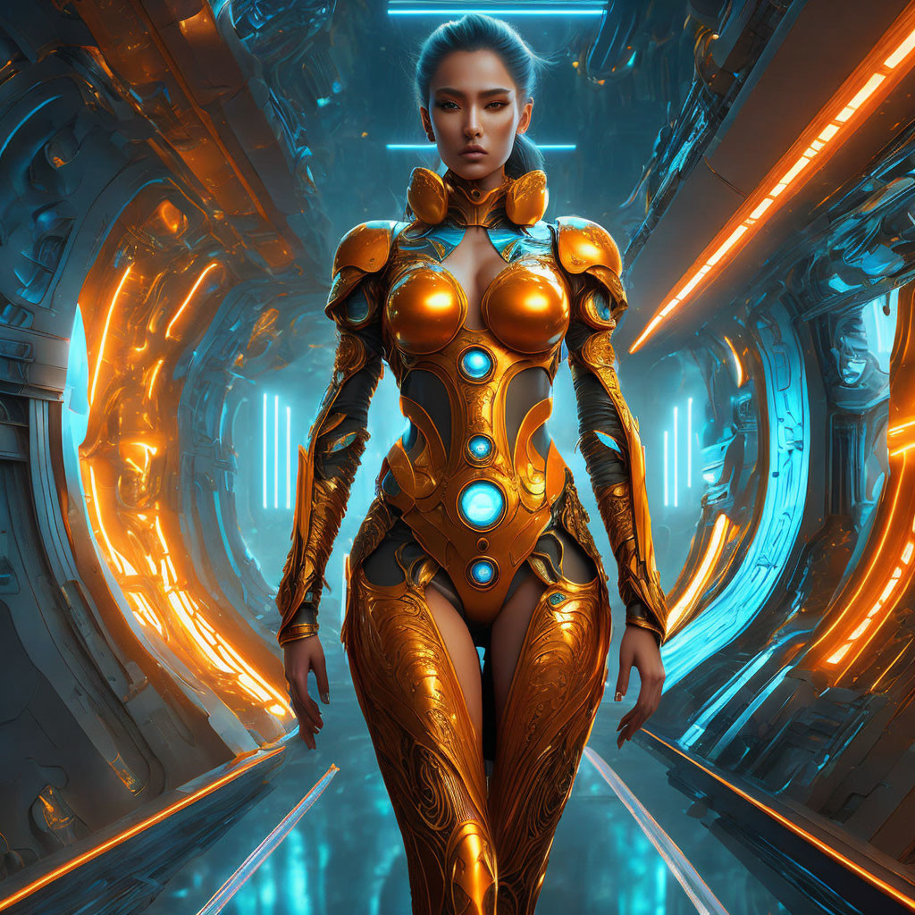 Futuristic digital art: Woman in golden armor in sci-fi corridor