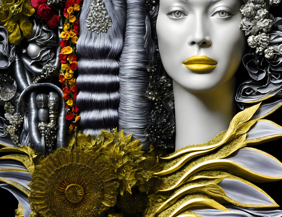 Surreal portrait of woman with golden lips and metallic floral patterns