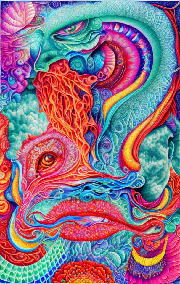 Colorful psychedelic art with wavy patterns and fiery elements.