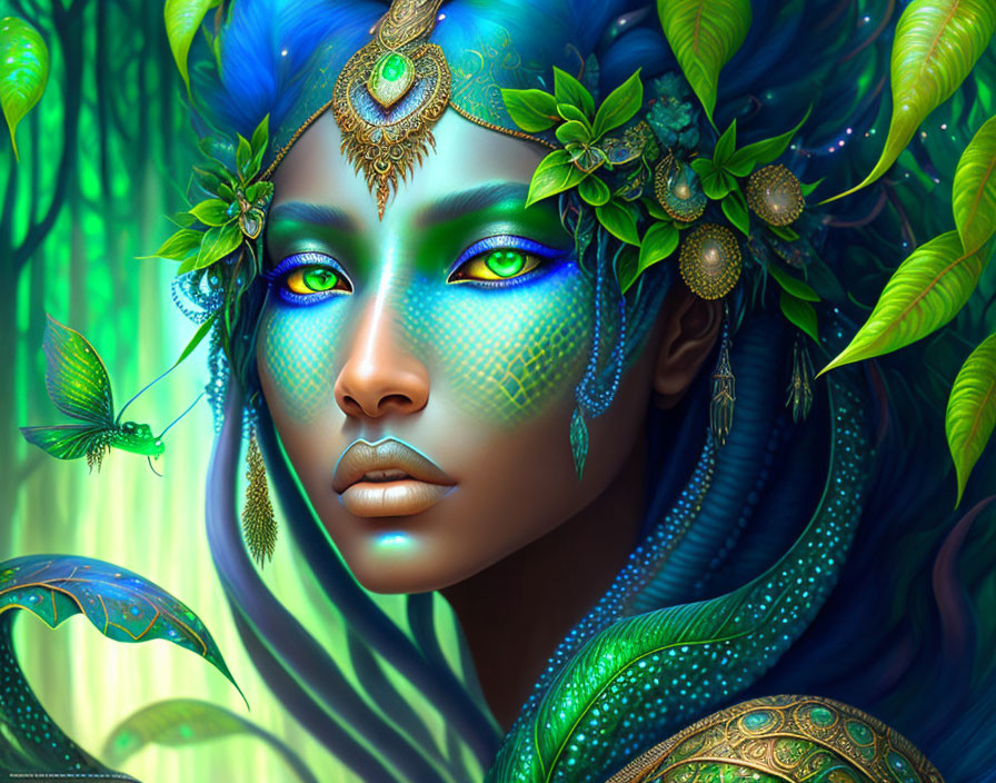 Mythical being with blue skin and green eyes in lush nature setting