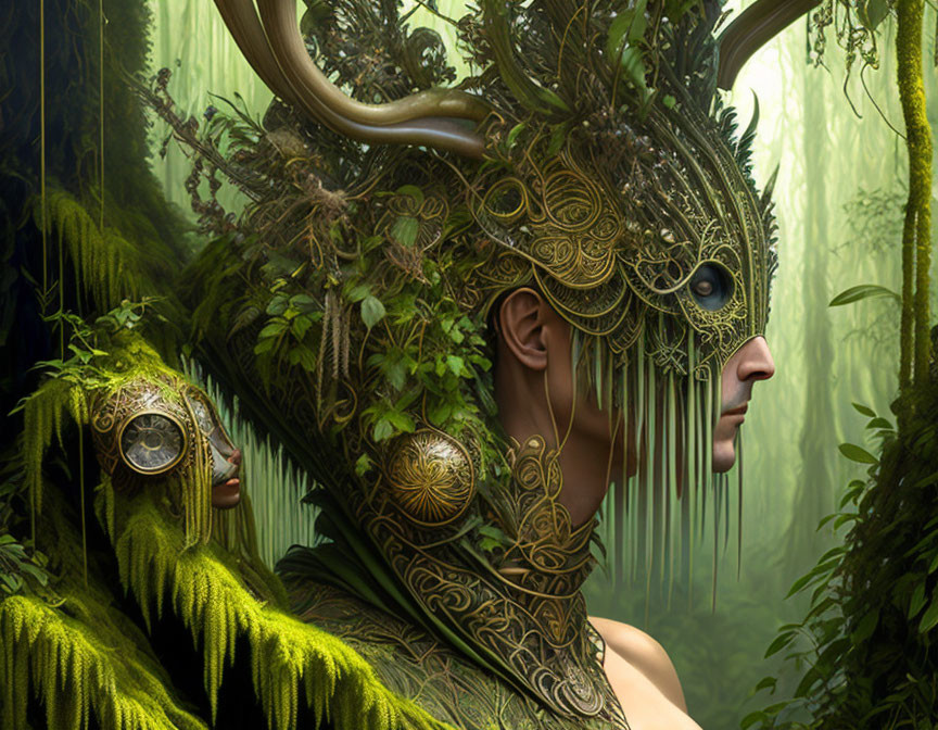 Fantasy portrait with elaborate antler headdress and lush greenery