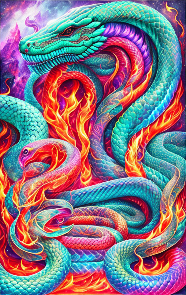 Vivid artwork of intertwined serpents in flames on mystical cosmic background