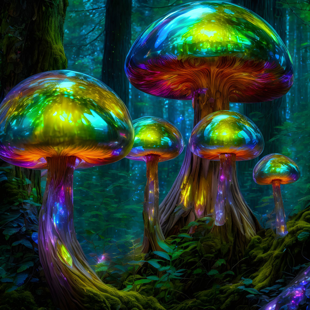 Iridescent mushrooms in mystical forest with luminous caps