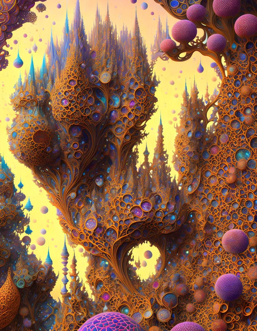 Colorful fractal art with tree-like structures and circular patterns