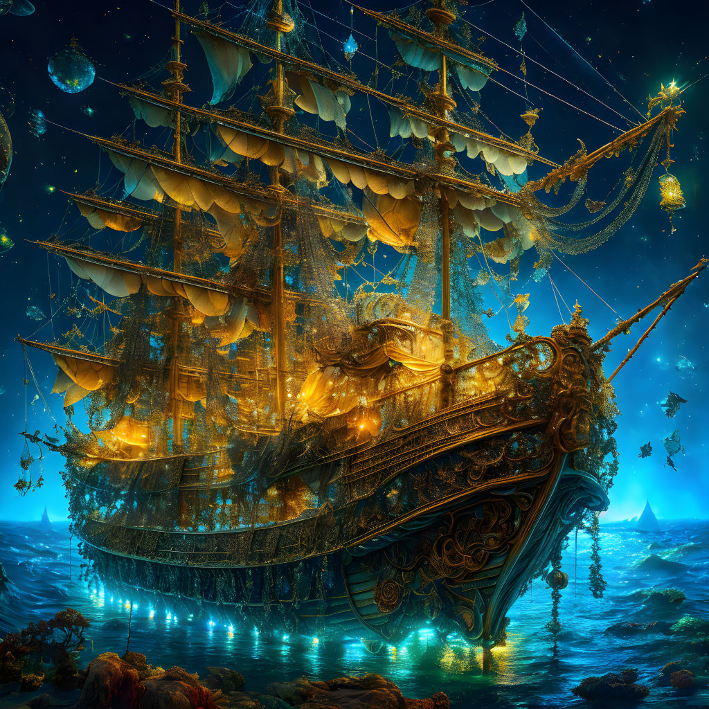 Ornate sailing ship on starry sea with golden lanterns