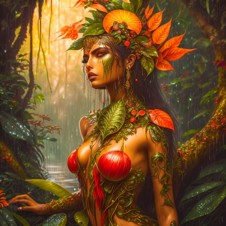 Fantasy artwork: Woman with plant tattoos in rainforest.