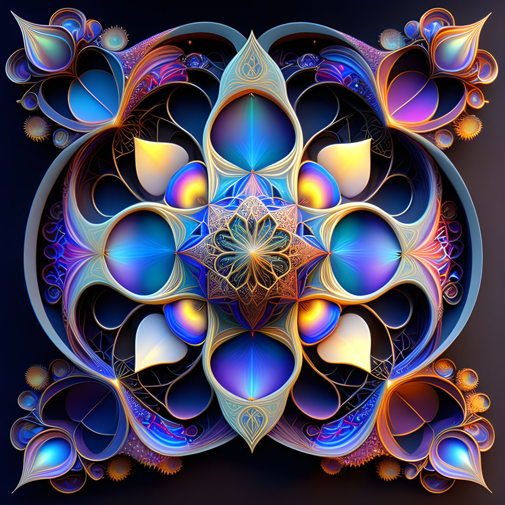 Symmetrical digital mandala in blues, purples, and golds with floral and geometric motifs