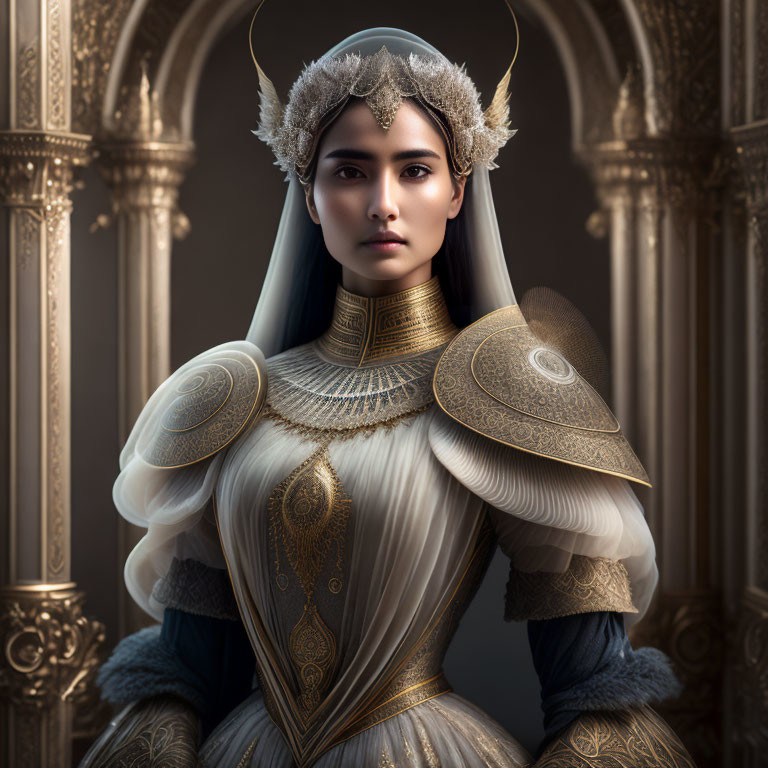 Regal woman in gold-accented medieval armor and headpiece.