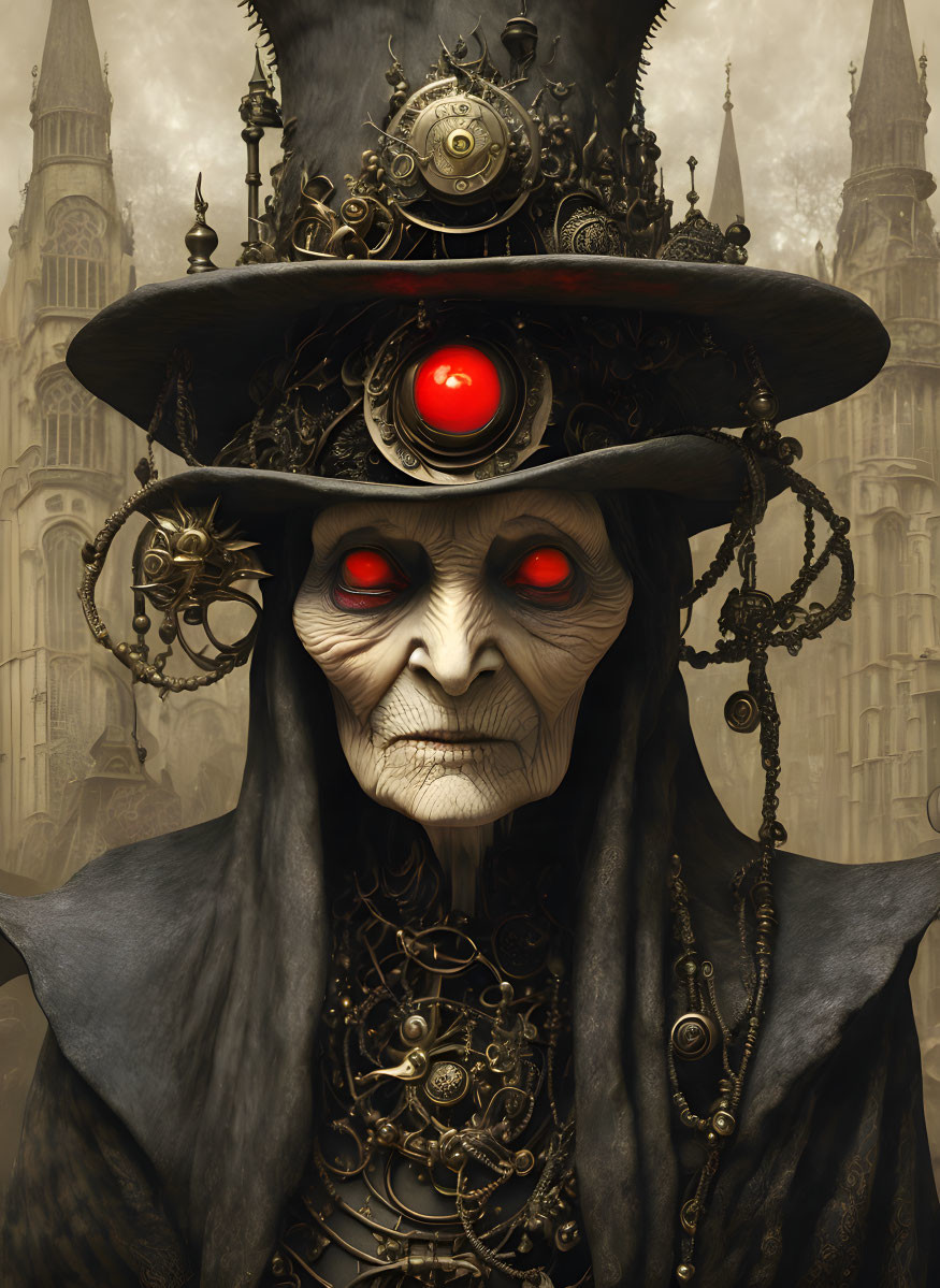 Elderly figure with red glowing eyes in steampunk attire against gothic backdrop