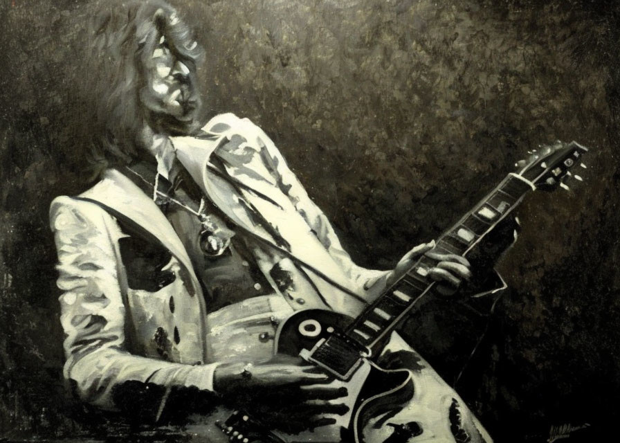 Monochrome painting of long-haired guitarist playing Les Paul guitar