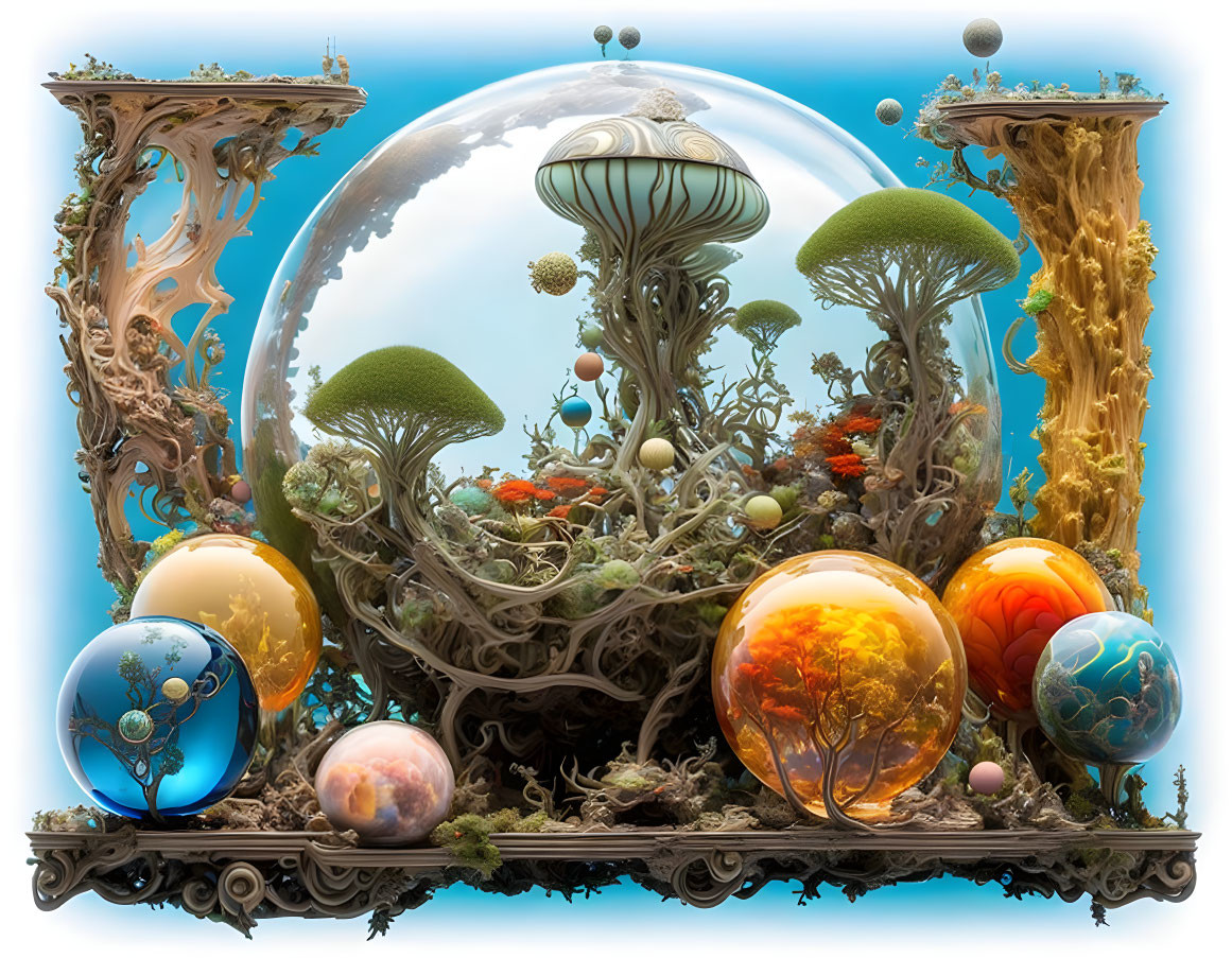 Surrealist artwork: Ornate frames, vibrant ecosystem, mushroom-like trees, transparent sphere, colorful