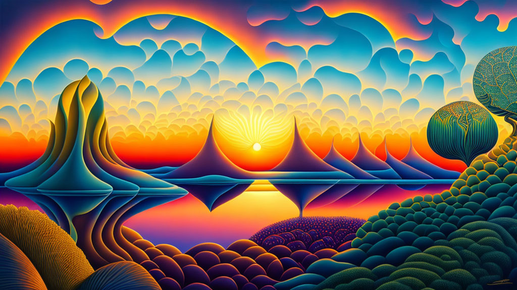 Colorful surreal landscape with stylized mountains and radiant sun setting over tranquil sea