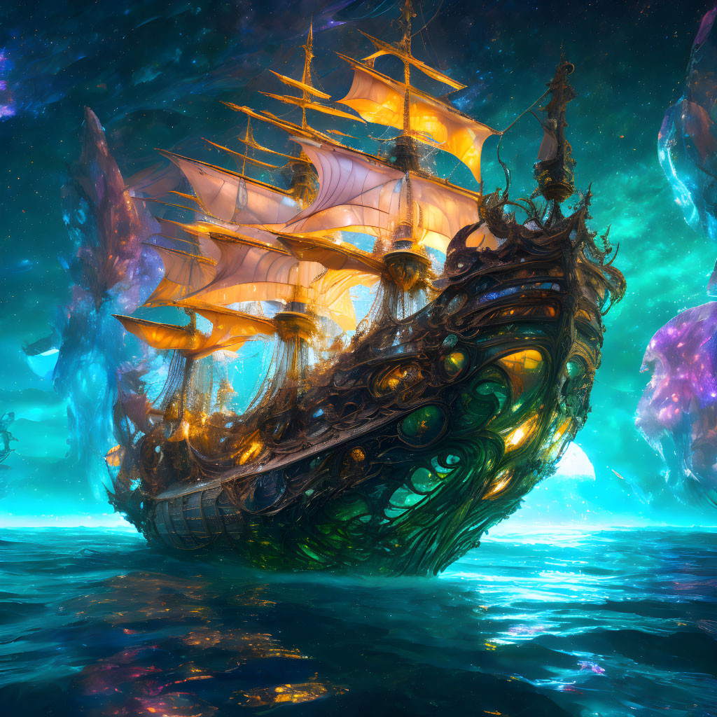 Glowing sails on fantastical ship in bioluminescent sea