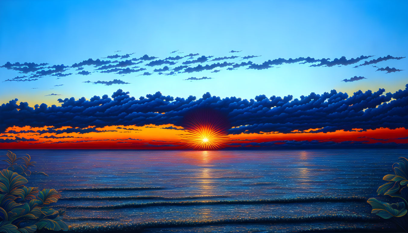 Scenic ocean sunset with warm glow and dark clouds