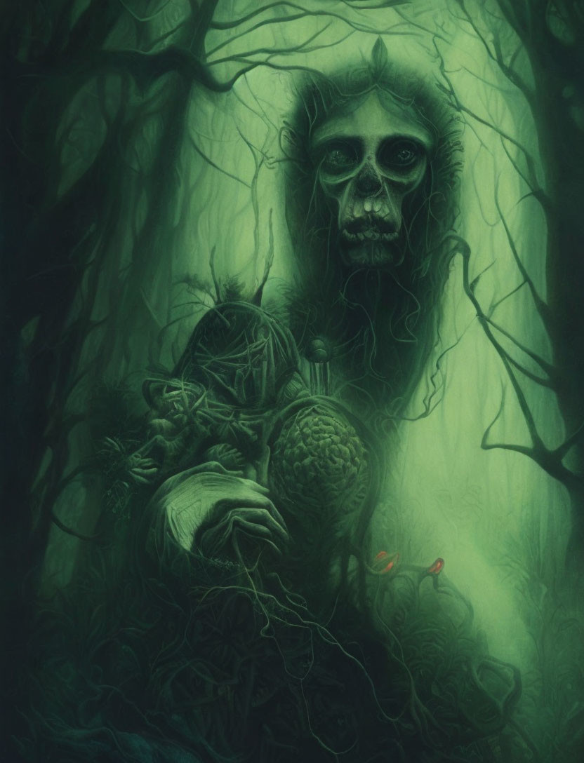 Green-toned painting of skull-faced figure with roots, heart, and forest backdrop