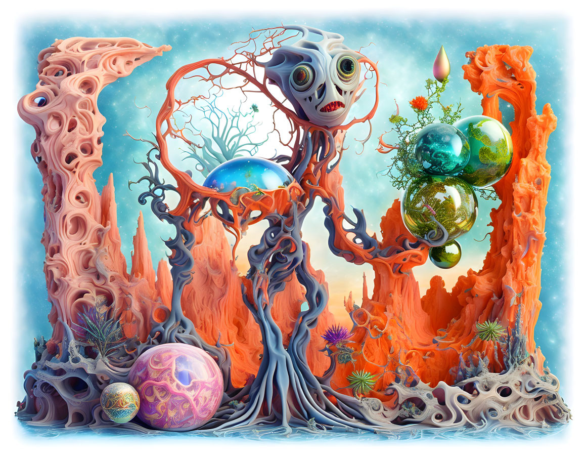 Vibrant surreal artwork featuring tree-like character in alien landscape