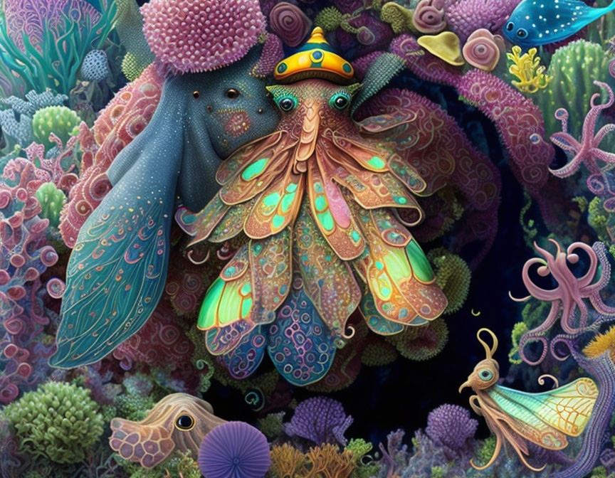 Colorful Underwater Scene with Moth-Like Creature and Coral Formations